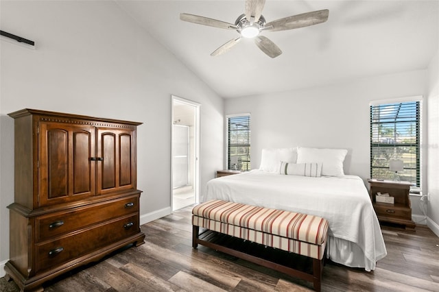 bedroom featuring high vaulted ceiling, ensuite bathroom, dark hardwood / wood-style floors, and ceiling fan