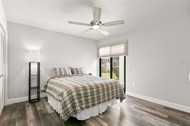 bedroom with access to exterior, ceiling fan, a closet, and dark hardwood / wood-style floors