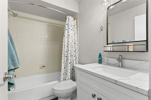 full bathroom with vanity, toilet, and shower / bath combo with shower curtain