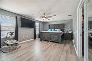 bedroom featuring ceiling fan and light wood-type flooring