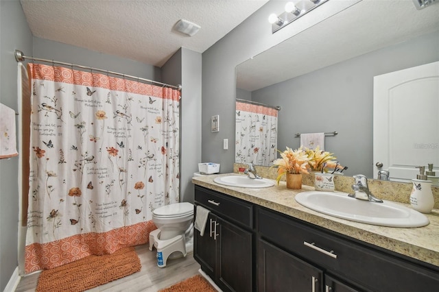 bathroom with vanity, wood-type flooring, a textured ceiling, and toilet