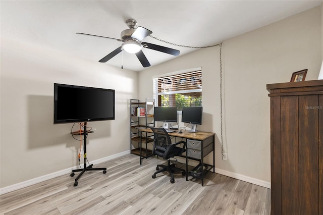 office space with ceiling fan and light hardwood / wood-style floors