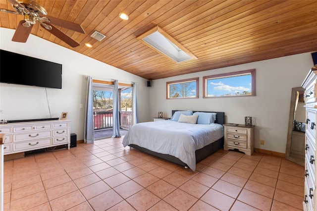 tiled bedroom featuring access to exterior, lofted ceiling with skylight, ceiling fan, and wood ceiling