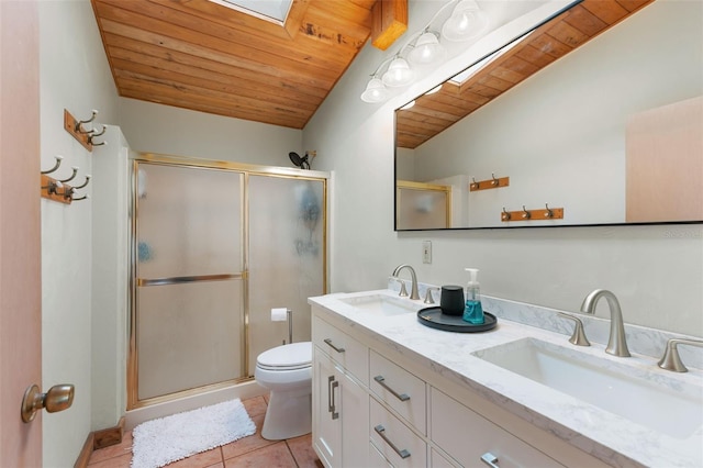 bathroom featuring walk in shower, tile patterned flooring, toilet, vaulted ceiling with skylight, and wood ceiling