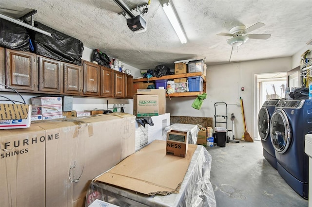 interior space with washer and dryer and ceiling fan