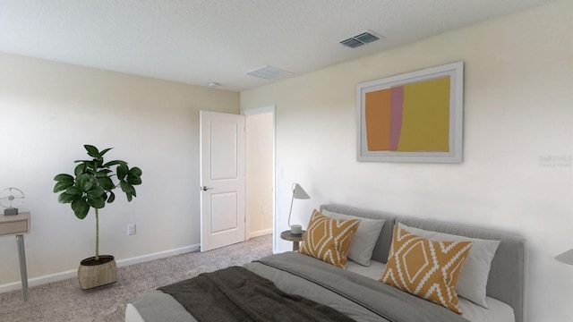 carpeted bedroom featuring a textured ceiling