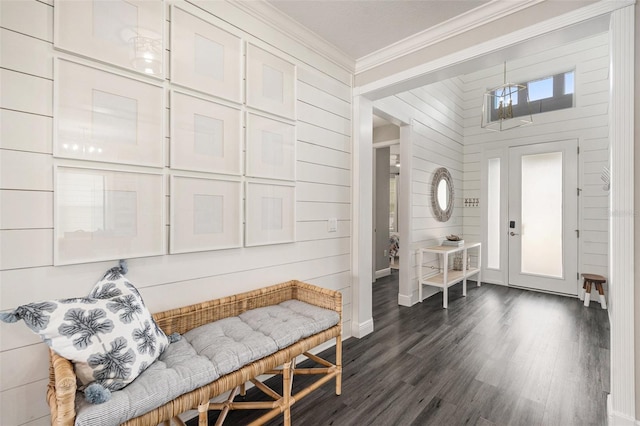 foyer with ornamental molding and dark wood-type flooring