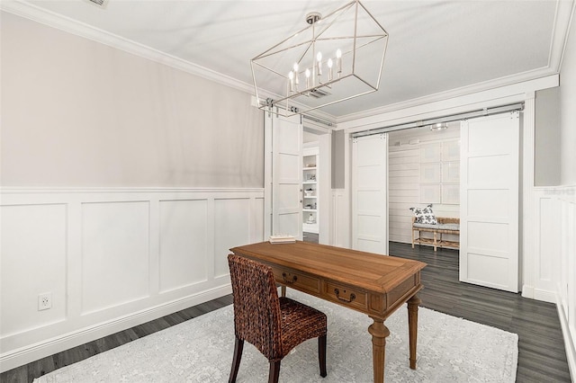 6408 Key Island Ave, Apollo Beach, FL 33572 - office area with a decorative wall, crown molding, wainscoting, a notable chandelier, and dark wood-style floors