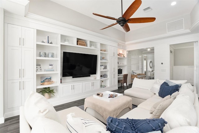 6408 Key Island Ave, Apollo Beach, FL 33572 - living area featuring ceiling fan, crown molding, dark wood-type flooring, and visible vents