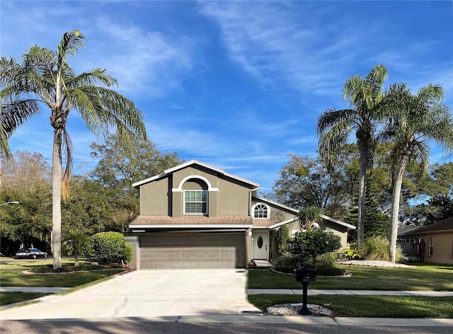 front of property featuring a front yard and a garage