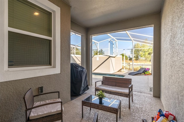 view of patio with glass enclosure, an outdoor hangout area, grilling area, and a swimming pool