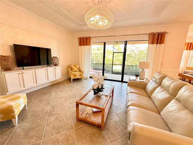 living room featuring a chandelier, tile patterned flooring, a raised ceiling, and crown molding