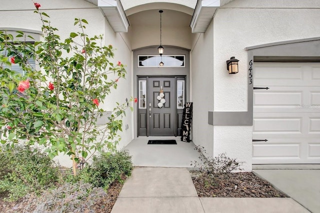 view of exterior entry with stucco siding