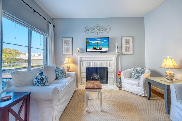 living room with a fireplace