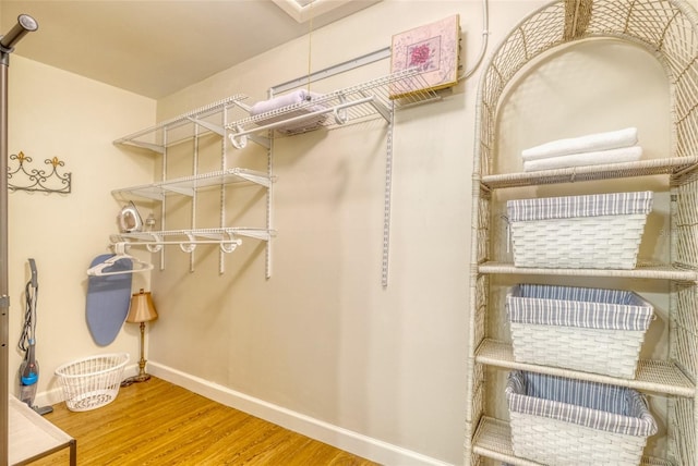 walk in closet with wood-type flooring