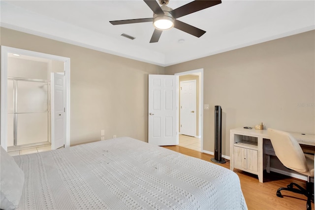 bedroom featuring ceiling fan and light wood-type flooring