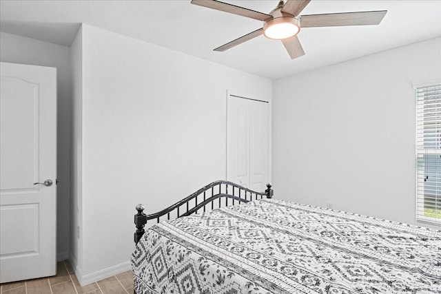 bedroom with ceiling fan and a closet