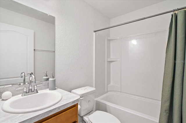 full bathroom with toilet, vanity, and shower / bath combo with shower curtain