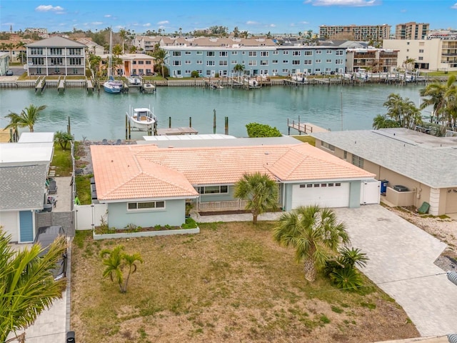 drone / aerial view with a water view