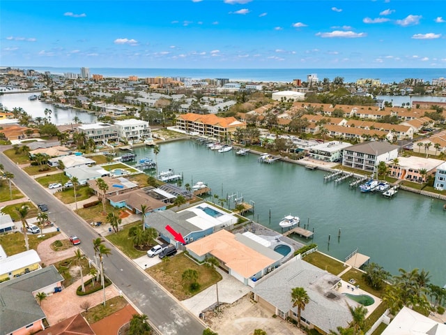 drone / aerial view featuring a water view