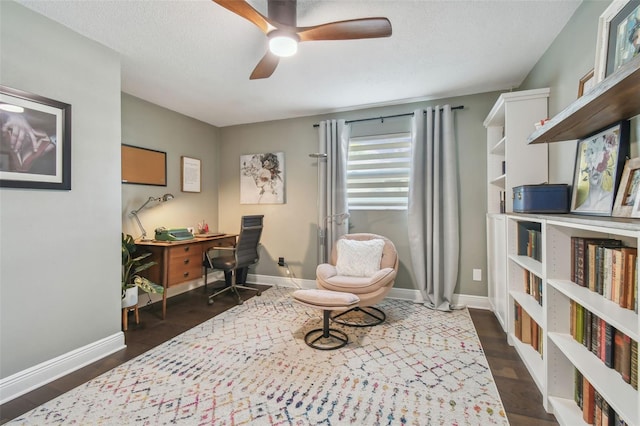 home office with ceiling fan, dark hardwood / wood-style floors, and a textured ceiling