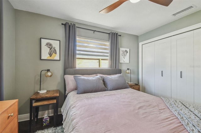 bedroom with ceiling fan and a closet