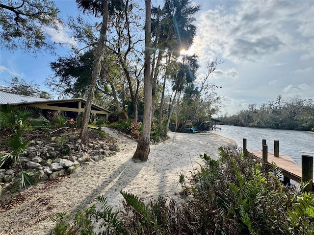 view of yard with a water view and a boat dock