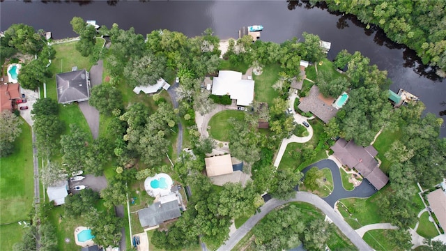 bird's eye view with a water view