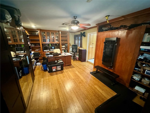 office area featuring ceiling fan and light wood-type flooring