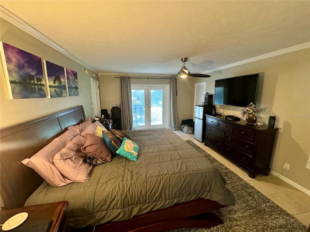 tiled bedroom with french doors, a textured ceiling, ceiling fan, and ornamental molding