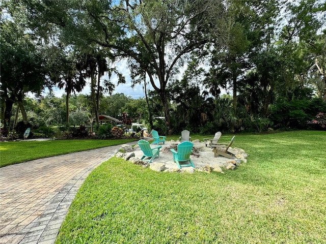 view of yard featuring an outdoor fire pit