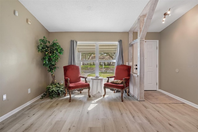 sitting room featuring light hardwood / wood-style flooring and a textured ceiling