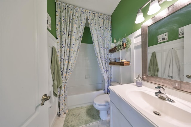 full bathroom with tile patterned flooring, vanity, toilet, and shower / tub combo