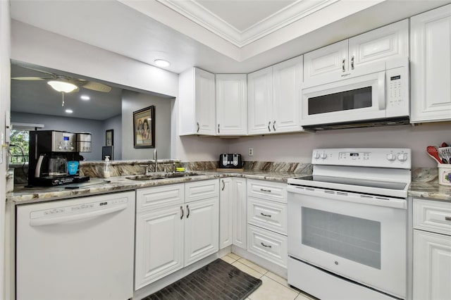 kitchen with ornamental molding, white appliances, sink, white cabinetry, and light tile patterned flooring