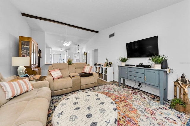 living room featuring vaulted ceiling with beams and ceiling fan