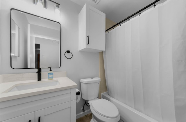 full bathroom featuring vanity, toilet, and shower / tub combo with curtain