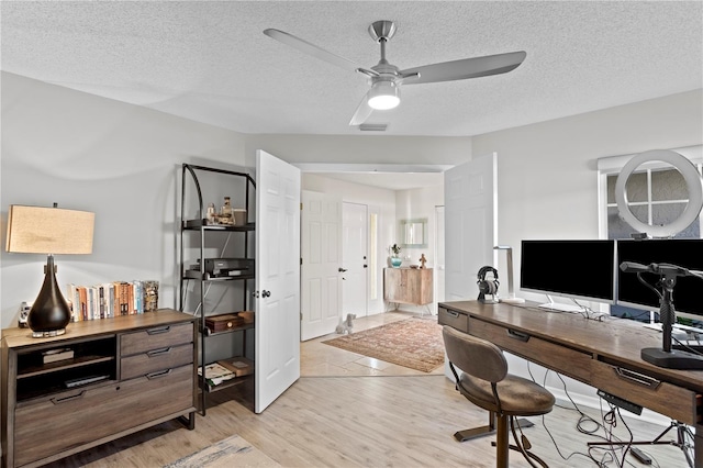 office space with ceiling fan, light hardwood / wood-style floors, and a textured ceiling