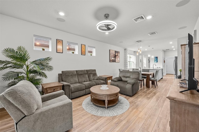 living room featuring sink and light hardwood / wood-style flooring