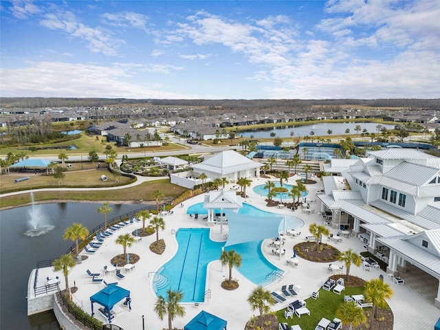 drone / aerial view featuring a water view