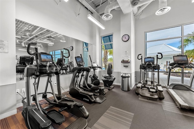 exercise room with a high ceiling