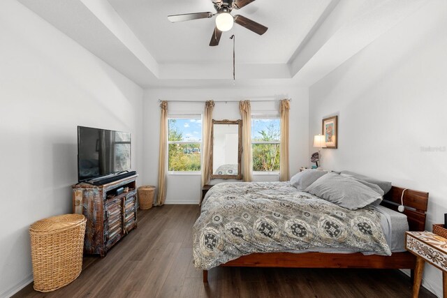 bedroom with a tray ceiling, ceiling fan, and hardwood / wood-style flooring