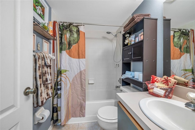 full bathroom with tile patterned floors, vanity, toilet, and shower / tub combo with curtain