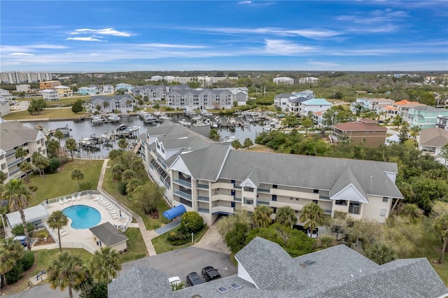 drone / aerial view featuring a water view