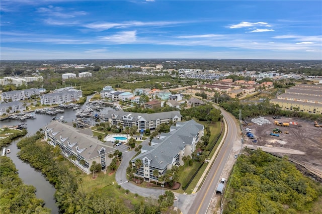 drone / aerial view featuring a water view