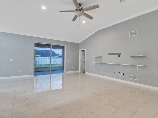 unfurnished room featuring ceiling fan, lofted ceiling, and ornamental molding