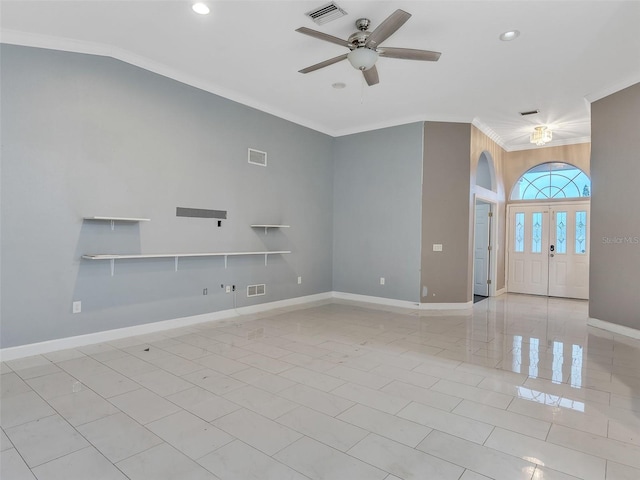 tiled spare room featuring ceiling fan and ornamental molding