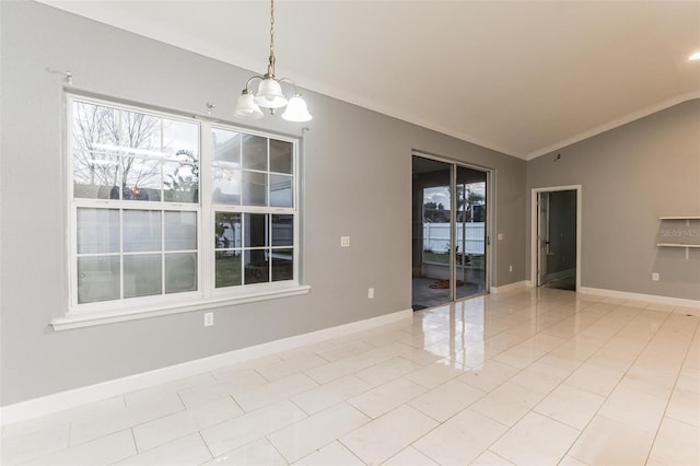 interior space with crown molding, lofted ceiling, and an inviting chandelier