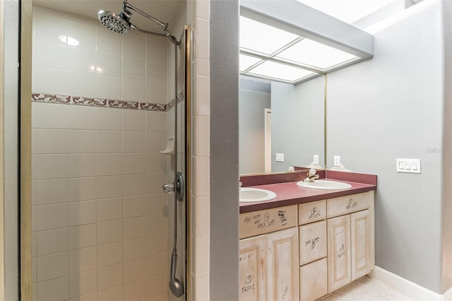 bathroom with tile patterned floors, vanity, and a shower with shower door