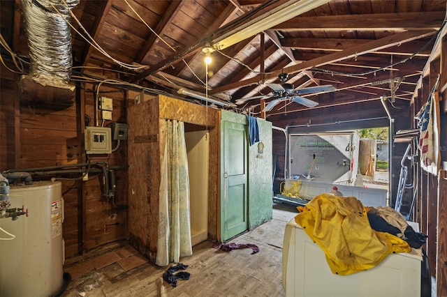 miscellaneous room featuring lofted ceiling with beams, wood walls, wood ceiling, and water heater