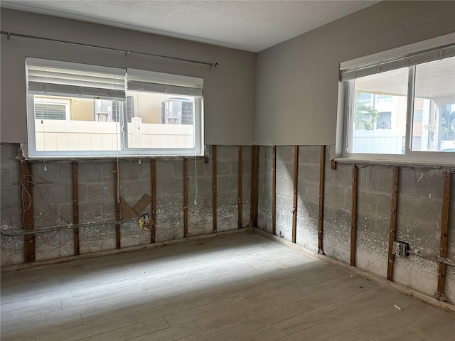 empty room featuring light wood-type flooring and a textured ceiling